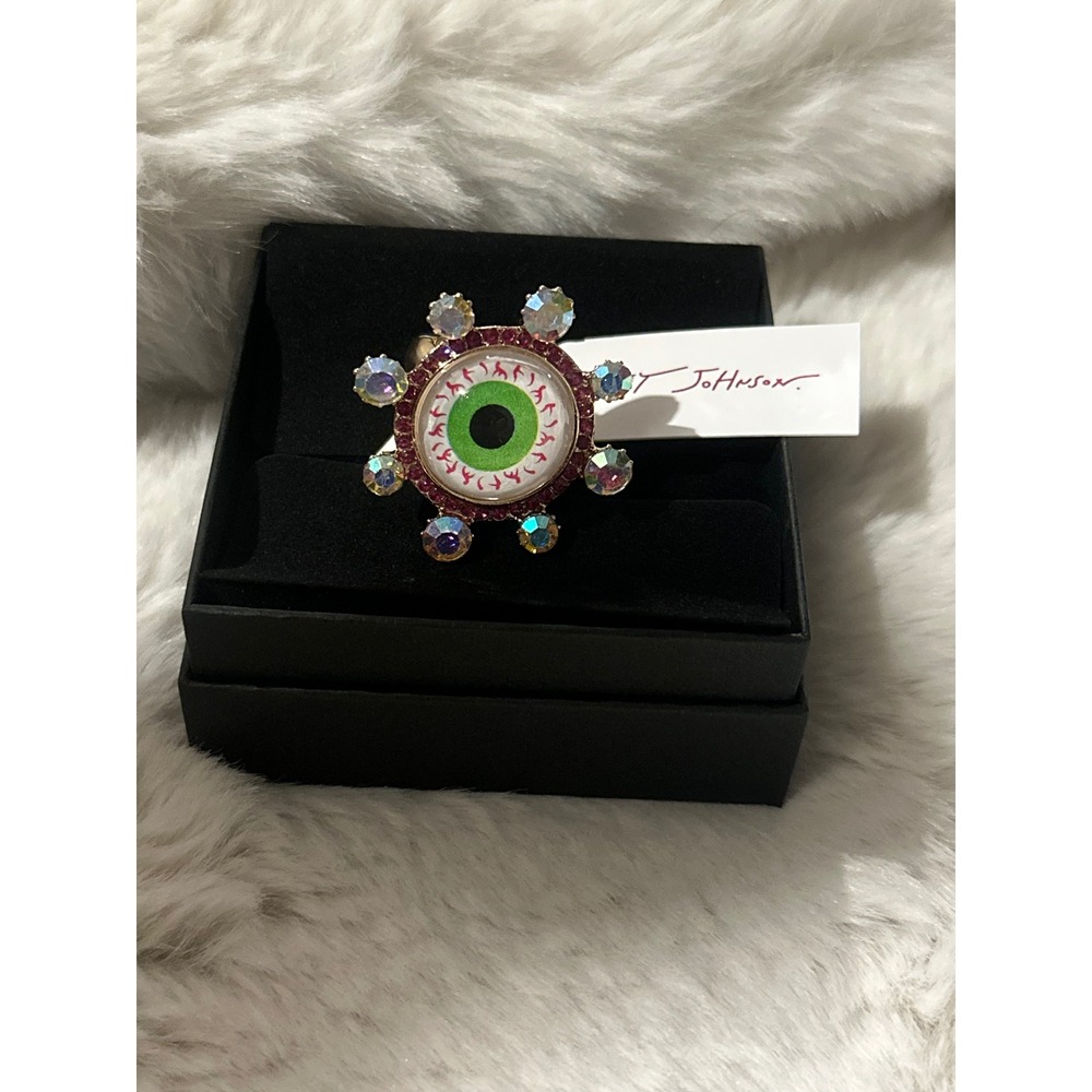 Betsey Johnson Eyeball Statement Ring Gold Tone AB Crystal Green Eye